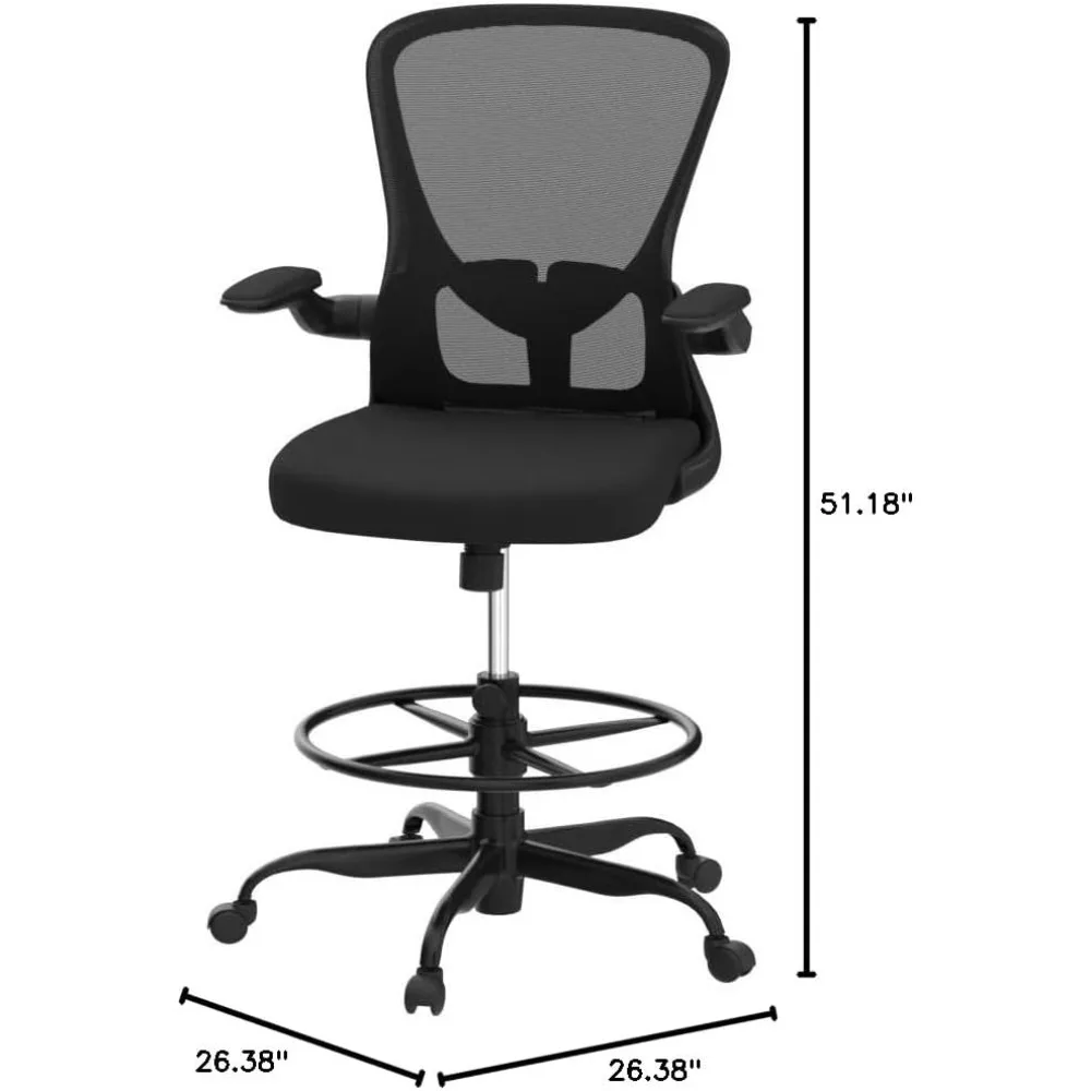 Ergonomic Tall Drafting Chair with Flip-up Armrests, Lumbar Support & Footrest Ring