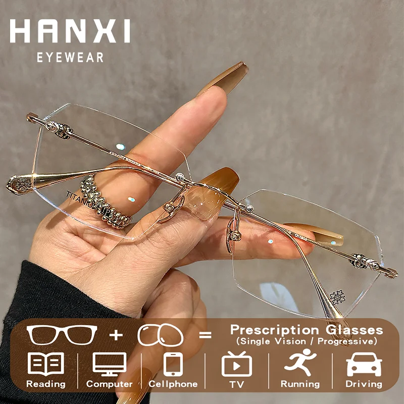 HANXI Titanium Frameless Glasses Women Anti Blue Light Photochromic Eyewear Progressive Custom Prescription Reading Glasses