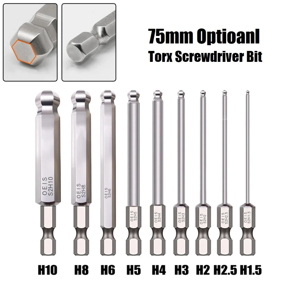 

1PC 75mm Ball End Screwdriver Bit Alloy Steel Hexagon Socket Screwdriver Bit Repair Hand Tools H1.5-H10 Magnetic Batch Head