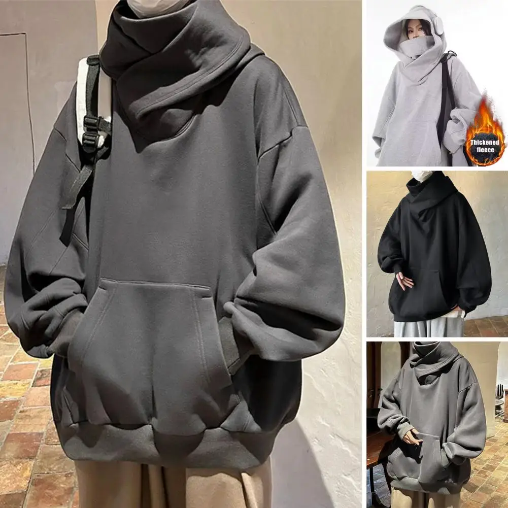 Fall Winter Men Hoodie Oversize Hooded Long Sleeves Pure Color Hip Hop High Collar Big Patch Pocket Elastic Mid Length Warm Top