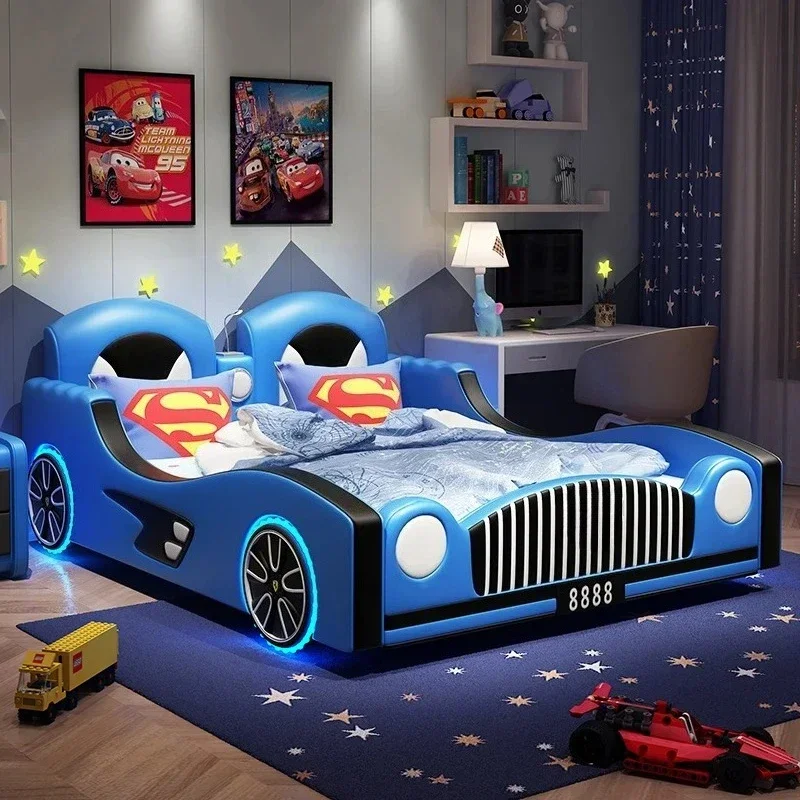 150x190cm Kids Bed Wheel Light Speaker Car Multi Functional Bed Luxury Headboard King Frame With Guardrails Bedroom Furniture