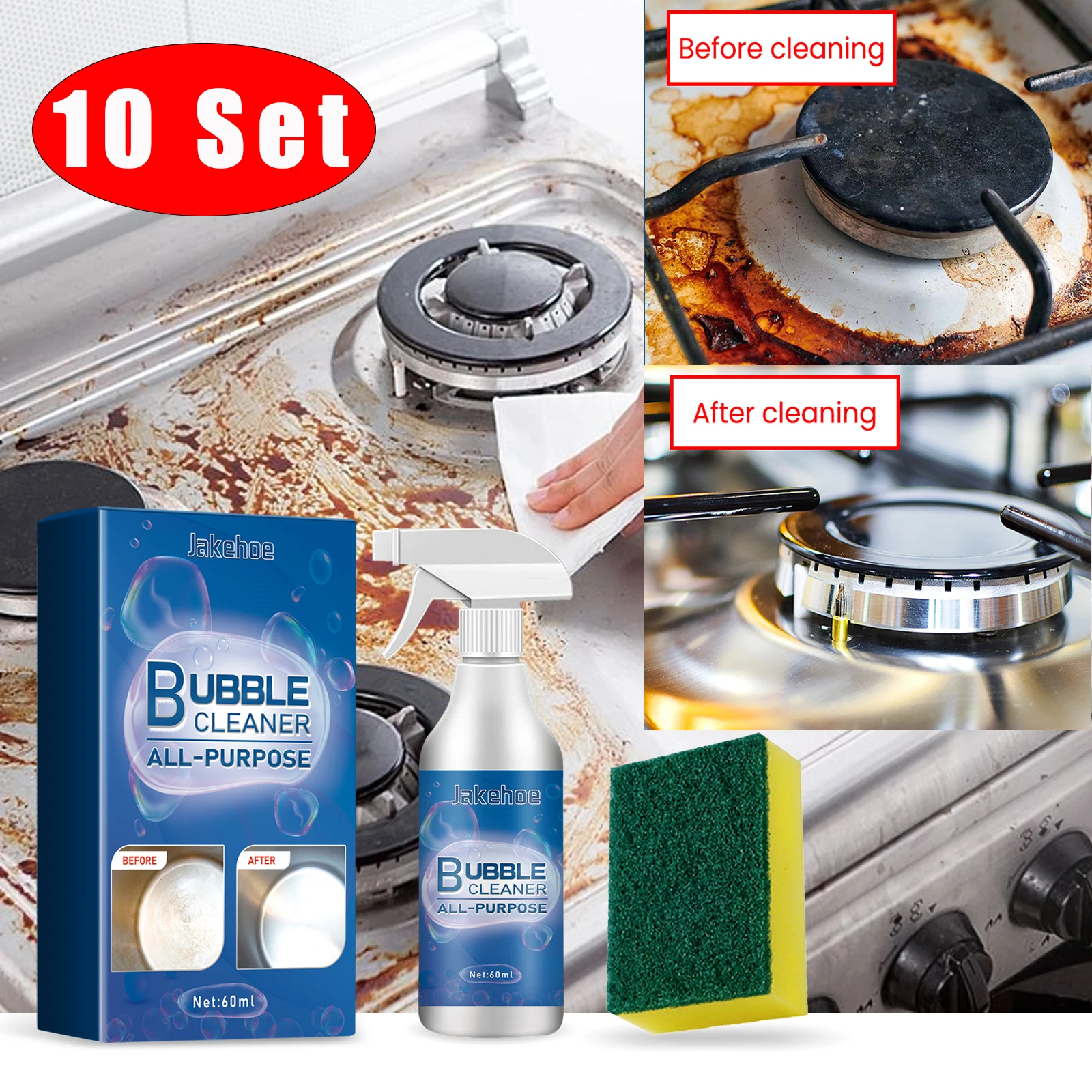 10pcs Kitchen Grease Foam Cleaner Spong Kits Powerful Heany Oil Dust Stain Remover Grills Ovens Cleaning Spray Agent Degreaser