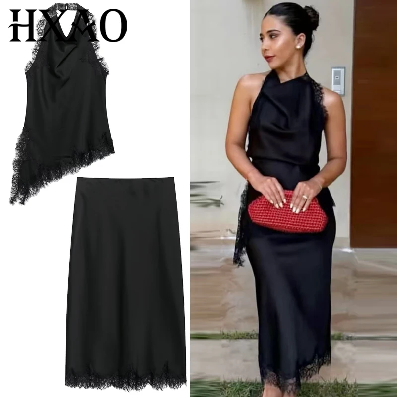HXAO قطع علوية غير متناظرة من الدانتيل للنساء الدبابات وكاميس مشد سترات سوداء مثيرة بدون أكمام بدون ظهر قمصان للشاطئ