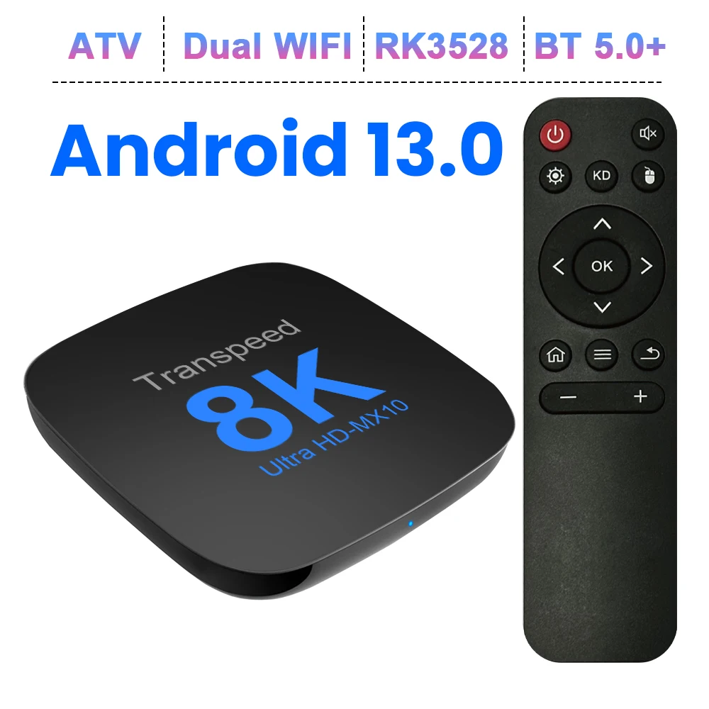 Transpeed Android 13 TV Box ATV Dual Wifi con app TV 8K Video BT5.0 + RK3528 4K 3D Voice Media Player Set Top Box