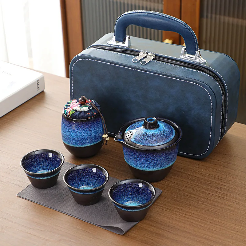 

Kiln-Changed Travel Tea Set One Pot Three Cups Business Kung Fu Portable Teapot Home Gift