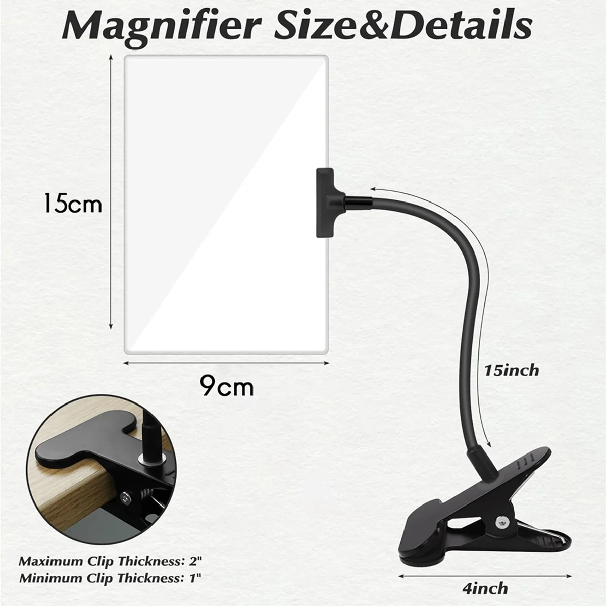 Unique! 5X Magnifying Glass with Clip, 6x3.5 Inch Magnifier with Clamp Adjustable Flexible Gooseneck,Clip on Magnifying Glass