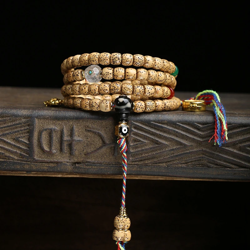 Tibetan-style Buddhist , and Moon Bodhi 108 beads multi-loop bracelet, agate three-way bead, back pendant, Gahu box, s