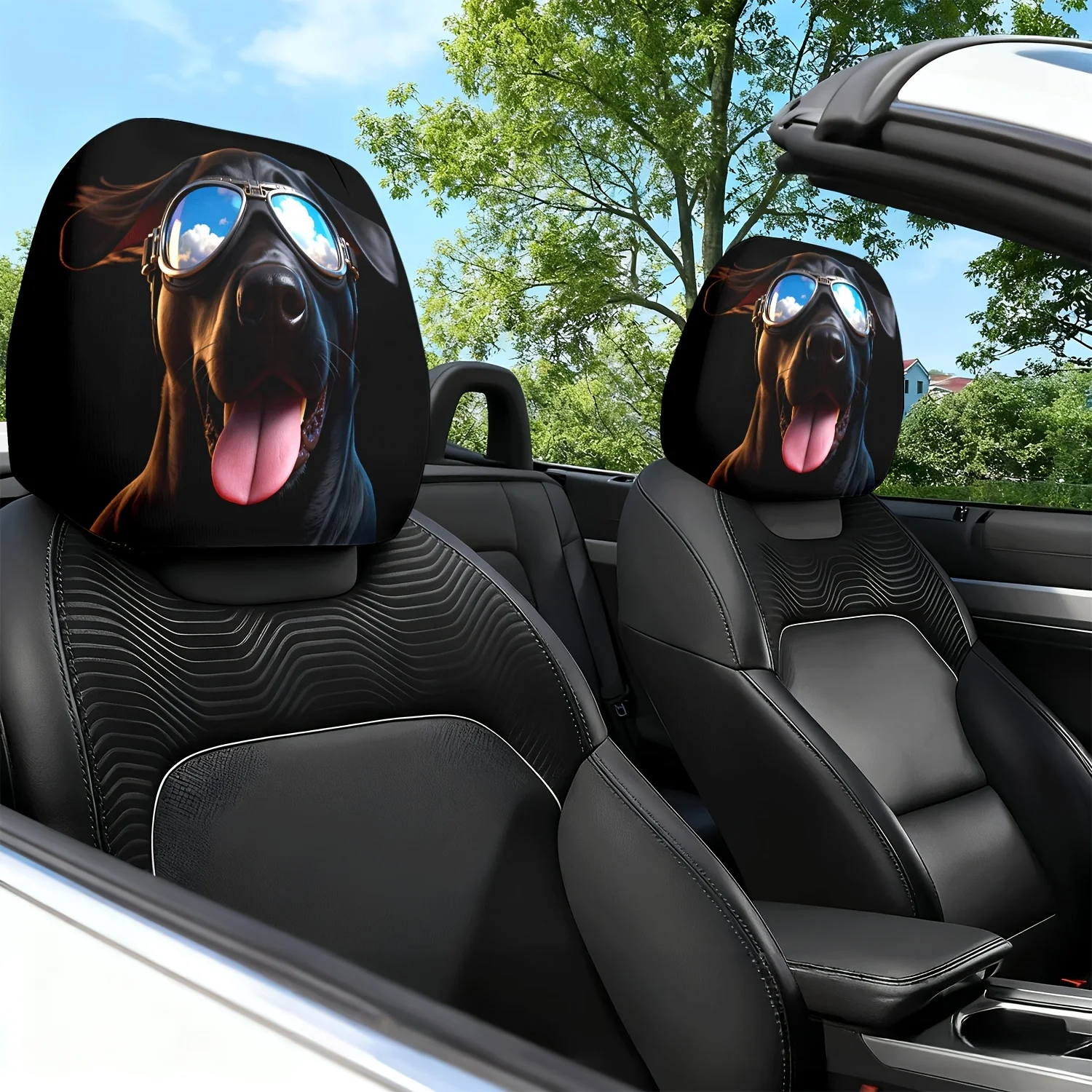 

2pcs Car Headrest Cover Dog Glasses Theme Print Car Seat Headrest Neck Pillow Cover - with Cute Design - Car Interior Cushion