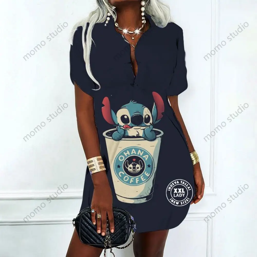 Lilo & Stitch Disney Elegant Party Dresses for Women 2023 Summer Polo Shirts Fashion Sexy Mini Dress Album Y2k V Neck New Summer