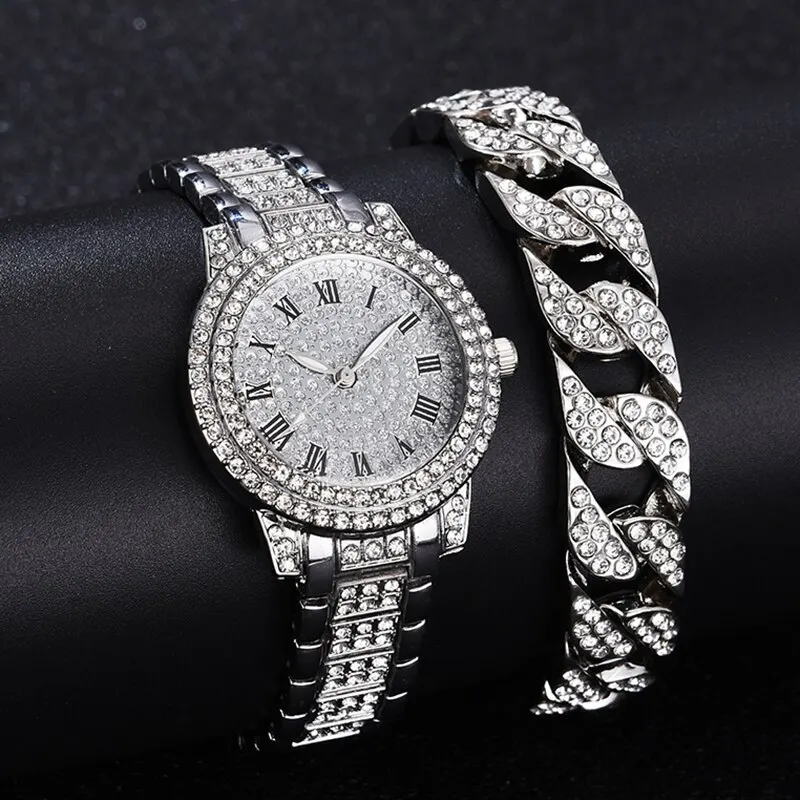 Full Drill Rome Literal Steel Belt Starry Sky Temperament Business Quartz Watch Hip Hop Style Bracelet Set