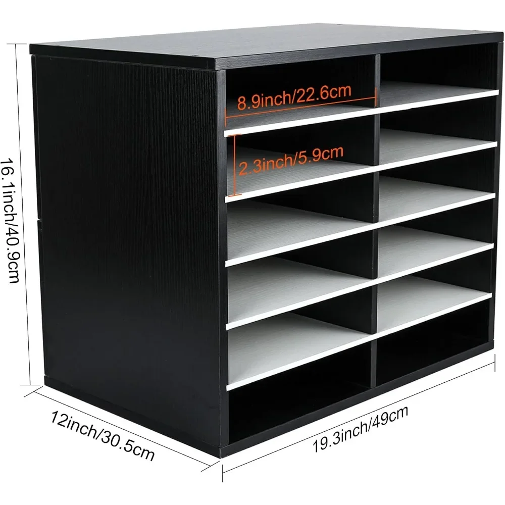 12-Compartment Wooden Paper Organizer with Adjustable Shelves, 6000 Sheets Capacity, Mail Sorter for Office/Classroom, Black/White - view 6