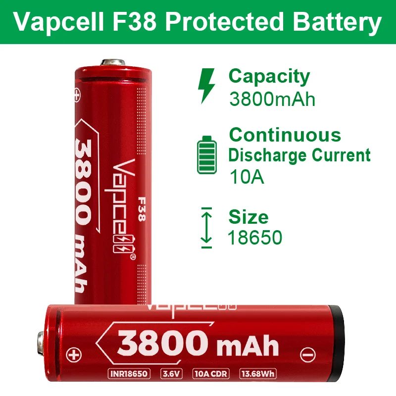 Vapcell-batería de litio F38 INR 18650 PCB, 18650, 3800mah, 10A, 3,6 V, recargable, de alta calidad, para linterna, nueva