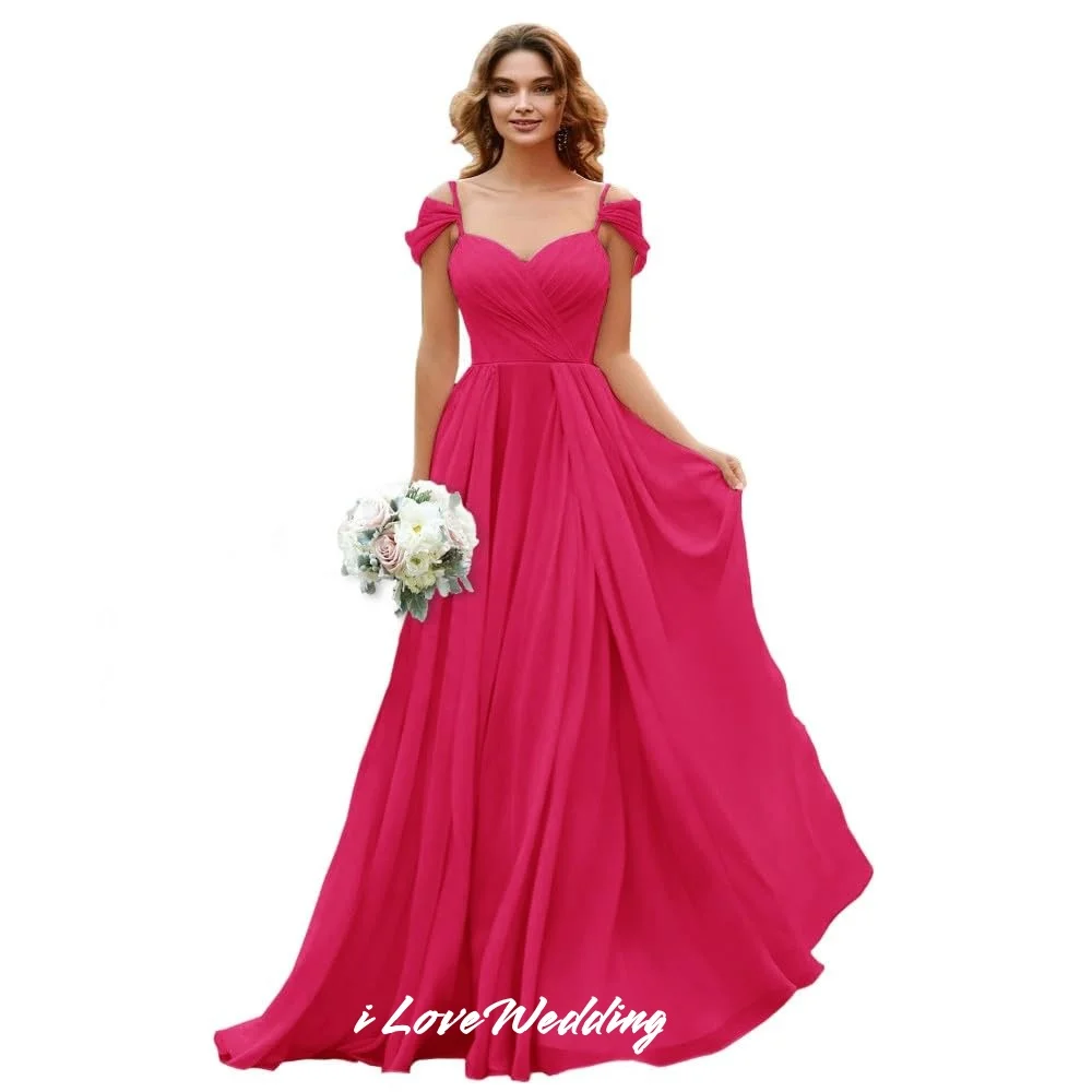 Pink Sweetheart Bridesmaid Dresses Chiffon Spaghetti-strap Wedding Guest Dress A-Line Floor Length Ruched Dress Slim Customized