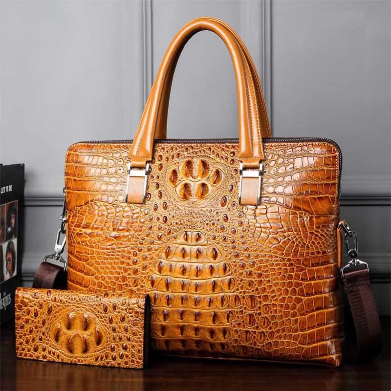 

Genuine leather crocodile print briefcase men's Handbag One Shoulder bag double zipper suitcase head layer cowhide computer bag