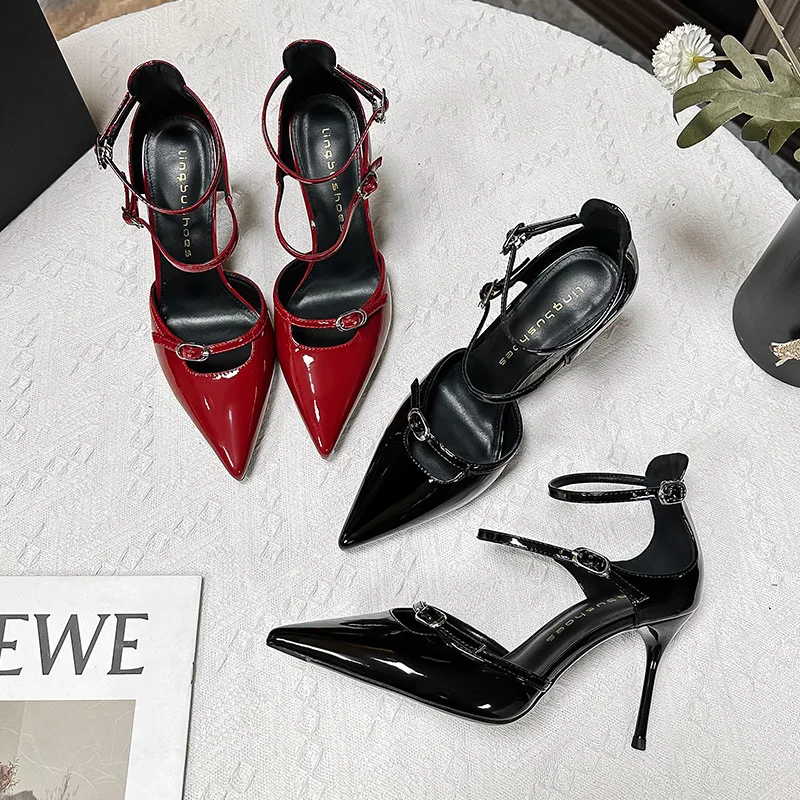 

Ladies' High Heels 2026 Spring Three Strips Lacquer Leather Hollow Sandals High Heels