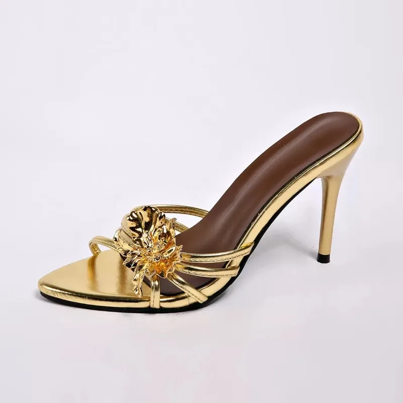 

Women's High-heeled Slippers Sexy Pointed High-heeled Sandals Metal Design Flower Sandals Stiletto High-heeled Sandals for Women