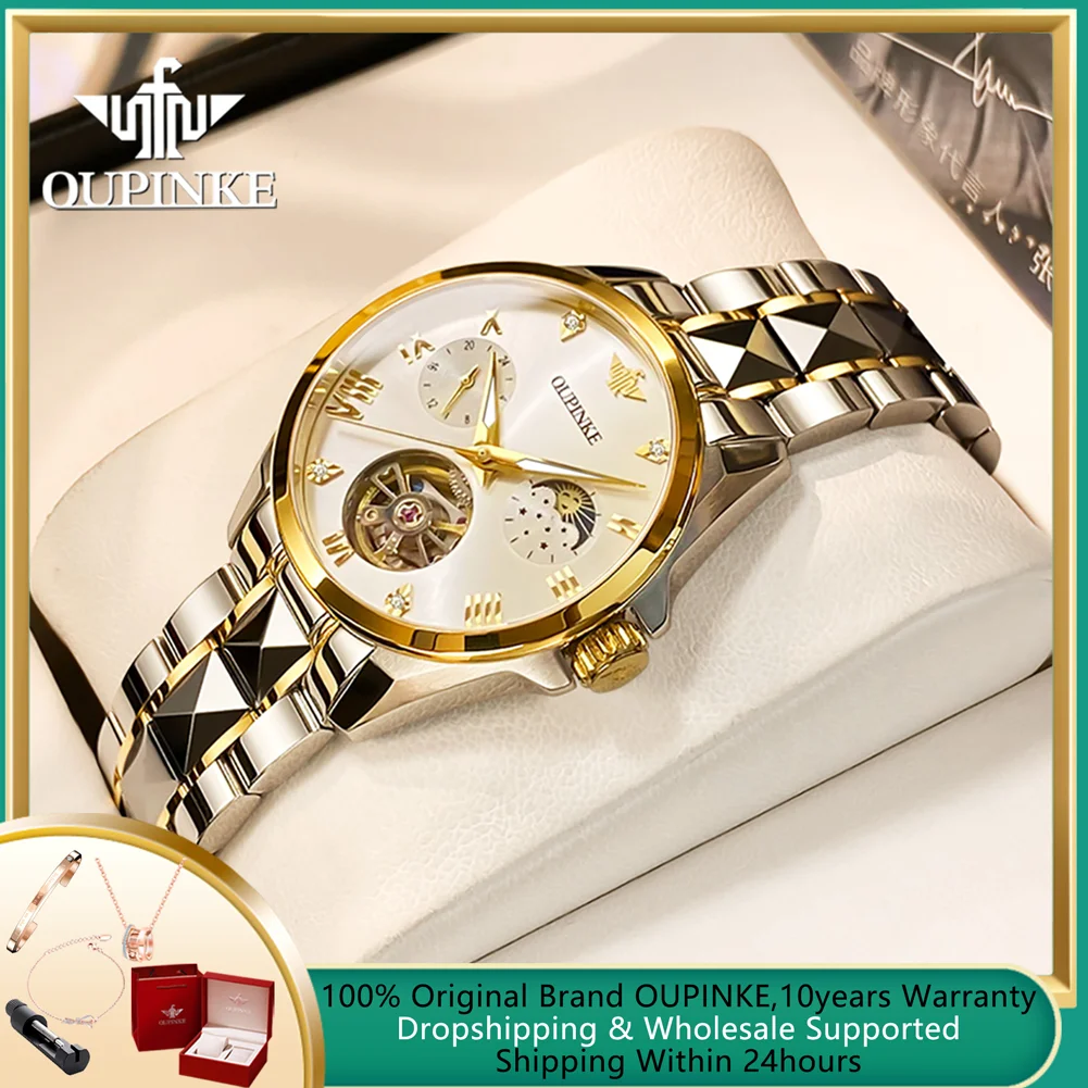 

OUPINKE Skeleton Flywheel Automatic Watch for Women Chronograph Waterproof Luminous Moon Phase Luxury Lady Mechanical Wriswatch