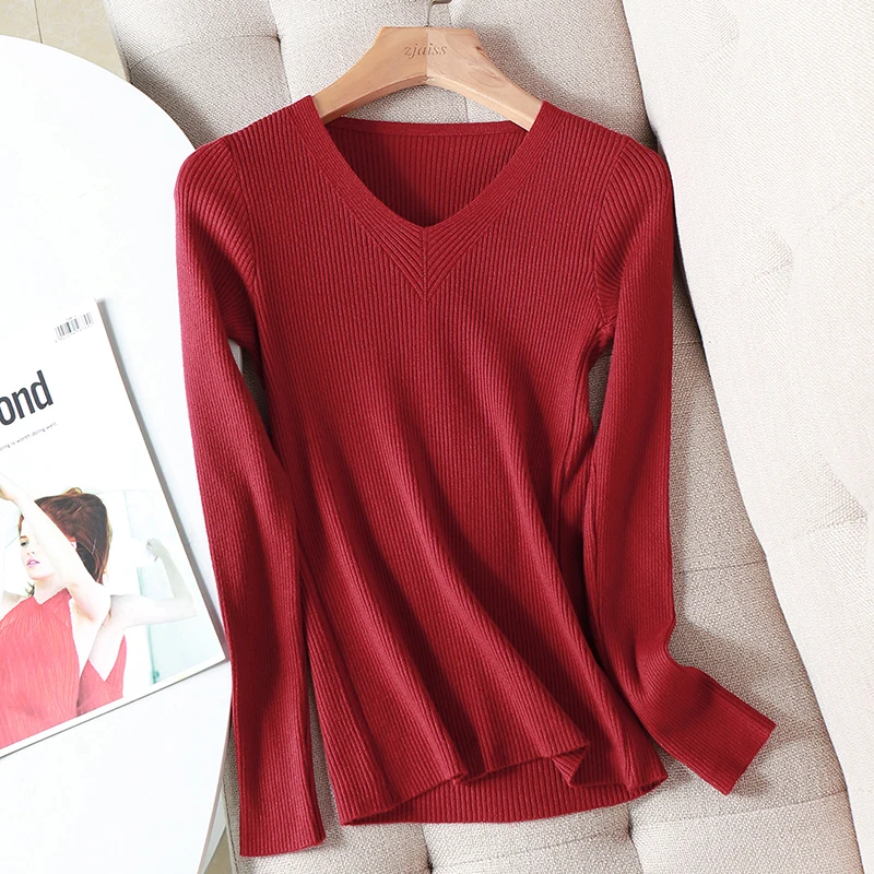 2024 NEW Autumn Winter Sweater Women Chic V-neck Slim Sweater female Knitted Pullovers long sleeve tops warm basic black