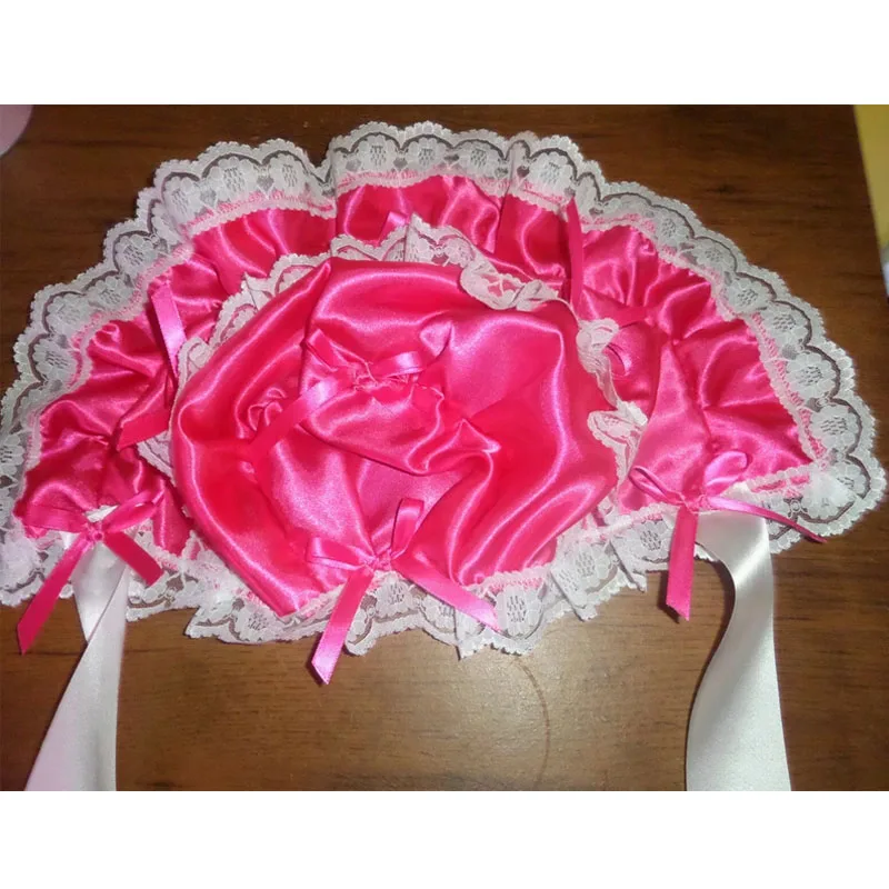 

Атласный чепчик ABDL для взрослых, глубокий розовый, с белыми оборками, кружевными бантиками и атласными завязками, мягкая милая шапочка-принцесса, аксессуары для косплея