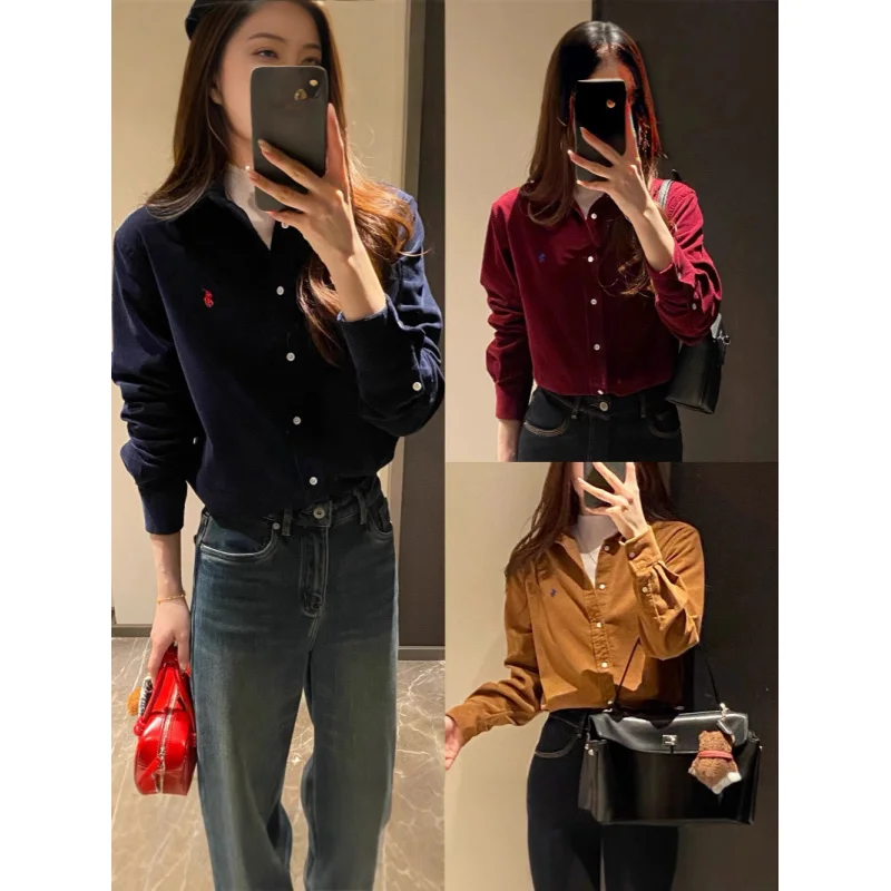 G120110~Retro Old Money Style Pony Embroidery100Women's Cotton Corduroy Long Sleeve Shirt Top Coat Autumn and Winter