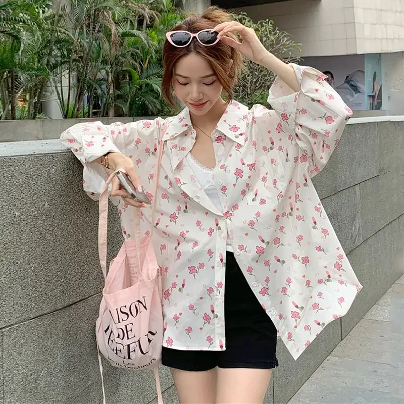 

DAYIFUN Women's Floral Long Sleeved Shirt Loose Casual Collar Female's Cardigan Blouse Single Breasted Versatile Top with Pocket