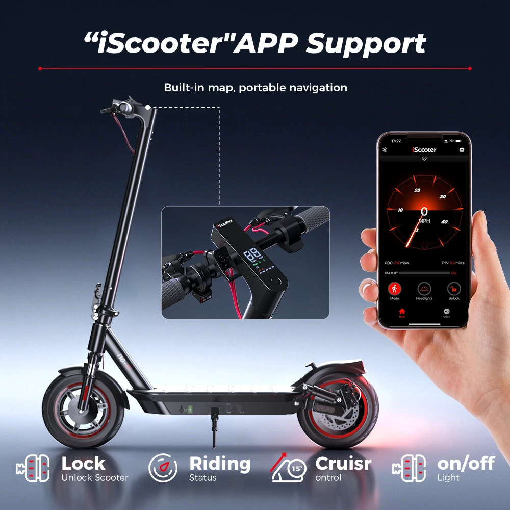 IScooter I10-9: patinete eléctrico plegable para adultos, con neumáticos de 10 pulgadas, doble sistema de absorción de impactos, velocidad de 25 km/h, autonomía de 45 km, control mediante la aplicación IScooter Club y