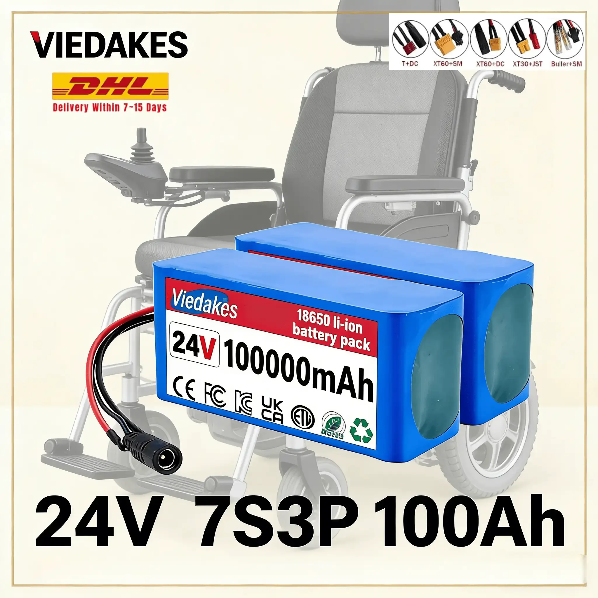 

VEDAKES 24V 7S3P 10Ah Battery with Charger for Electric Wheelchair and Energy Storage