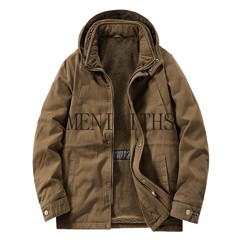 Windproof Hooded Parkas Men Cargo Parka Fleece Men's Mid-Long Parka Jacket Fleece Lined Plush Washed Cotton Warm Coat