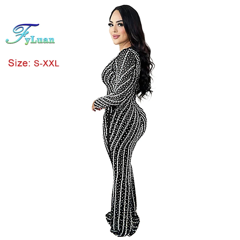 New Solid Color Women Long Sleeve Floor Length Dress Sheer Mesh Hot Rhinestones O Neck Long Dresses For Women Wedding Party Gown