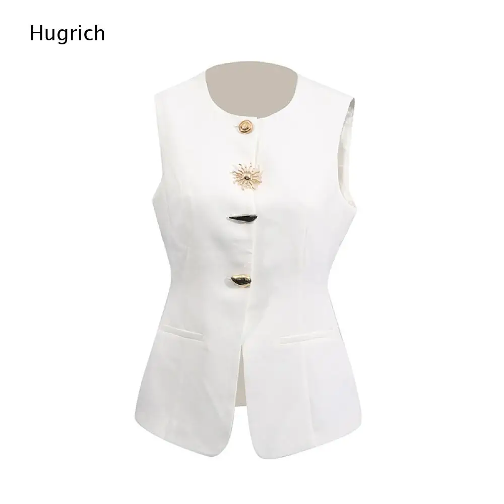 Soft Fabric Sleeveless Suit Vest Plain White Round Neck Removable Sun Brooch Different Shaped Buttons Fitted Waistcoat