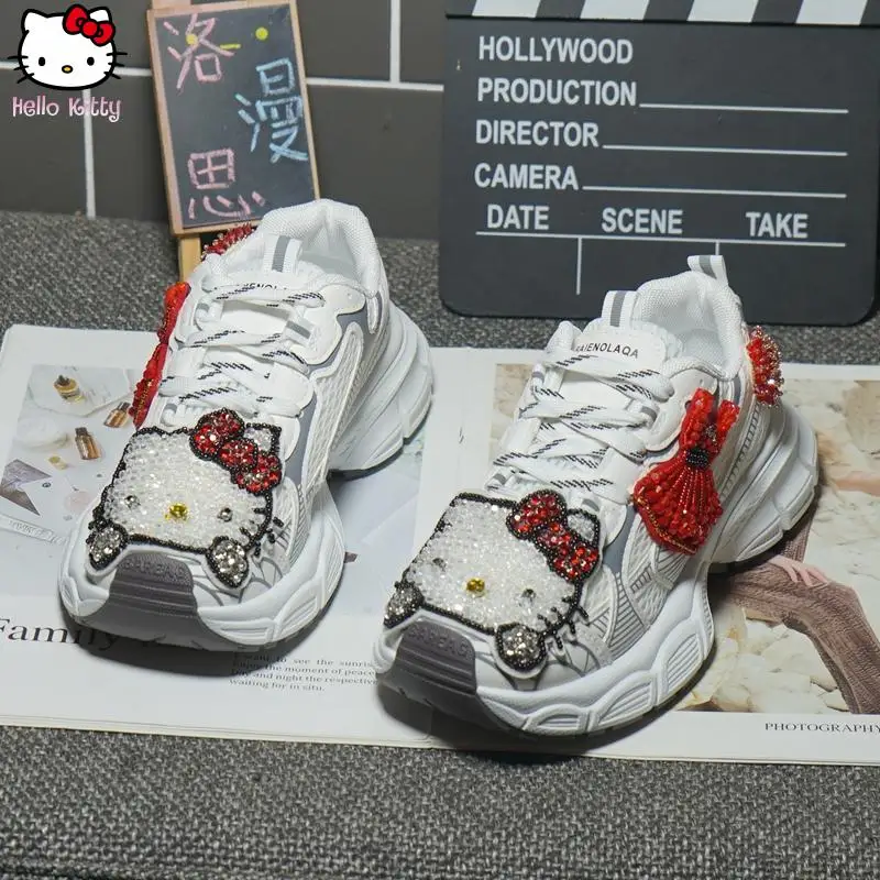 

Кроссовки со стразами в стиле аниме Kawaii для подростков «Hello Kitty» с бантом, новые модные кроссовки Sanrios для девочек, студенческая дышащая повседневная обувь с героями мультфильмов