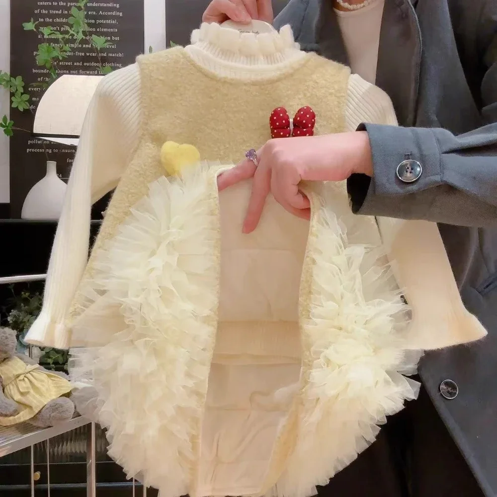 

Желтый милый и милый комплект для девочек, осенне-зимний новый жилет с бантом и бантом + бежевый вязаный топ с длинными рукавами, детская одежда