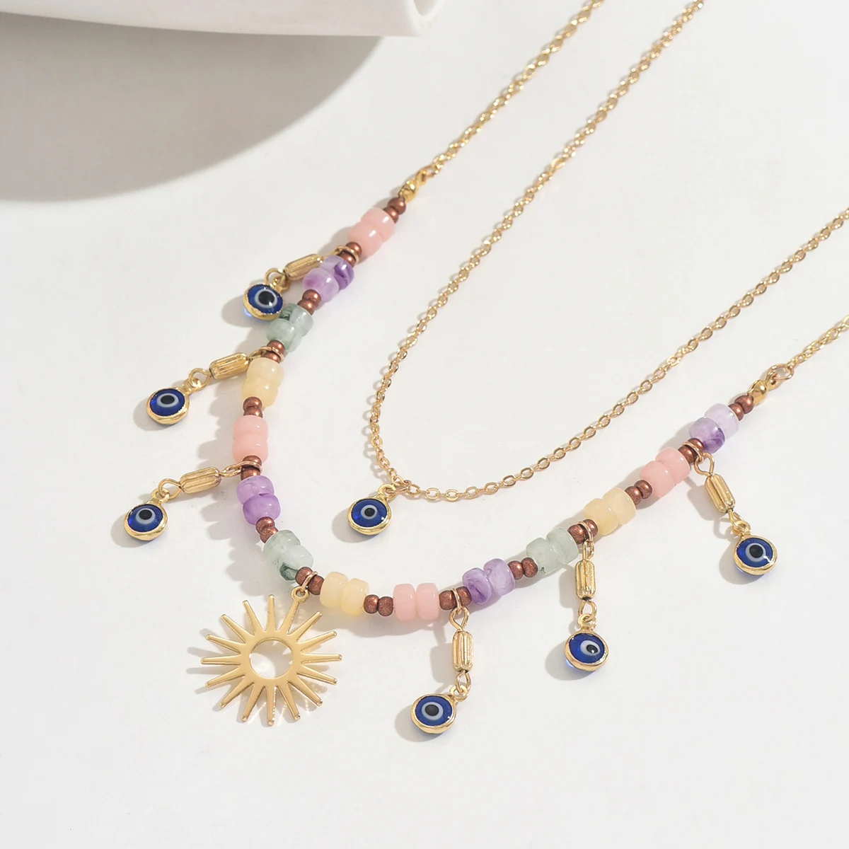 1 Set of Fashionable Dopamine-Colored Beaded Devil's Eye Pendant Necklace Ins Sun Pendant Clavicle Chain Choker