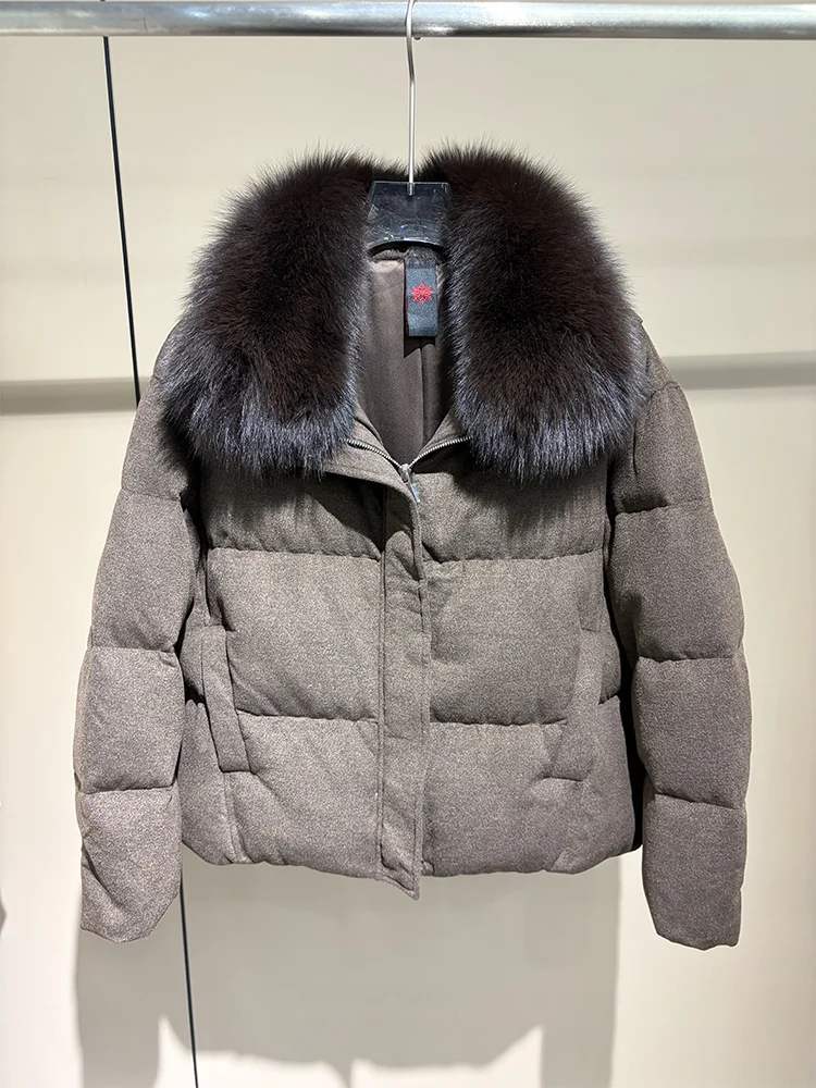 New Women Winter Warm Goose Down Jacket Real Fox Fur Collar Cashmere Wool Jackets Thick Puffer Jackets Female Outwear Coat