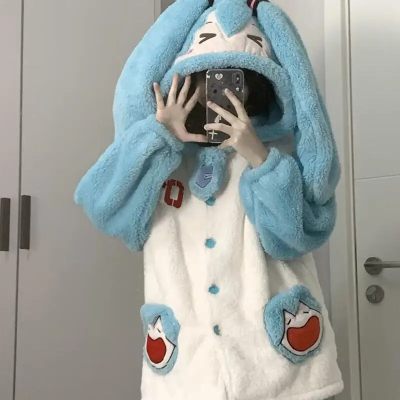 الشتاء Miku المرأة منامة قطعتين مجموعة ملابس المنزل فضفاضة السراويل خريف شتاء دافئ طويل الأكمام ملابس خاصة المرأة المتسكعون