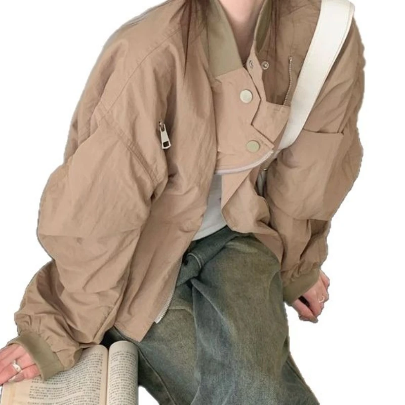 Neutral Design Sense Zipper Long Sleeve Panel Stand-up Collar Trench Coat Jacket Women's Loose Slimming Jacket Top