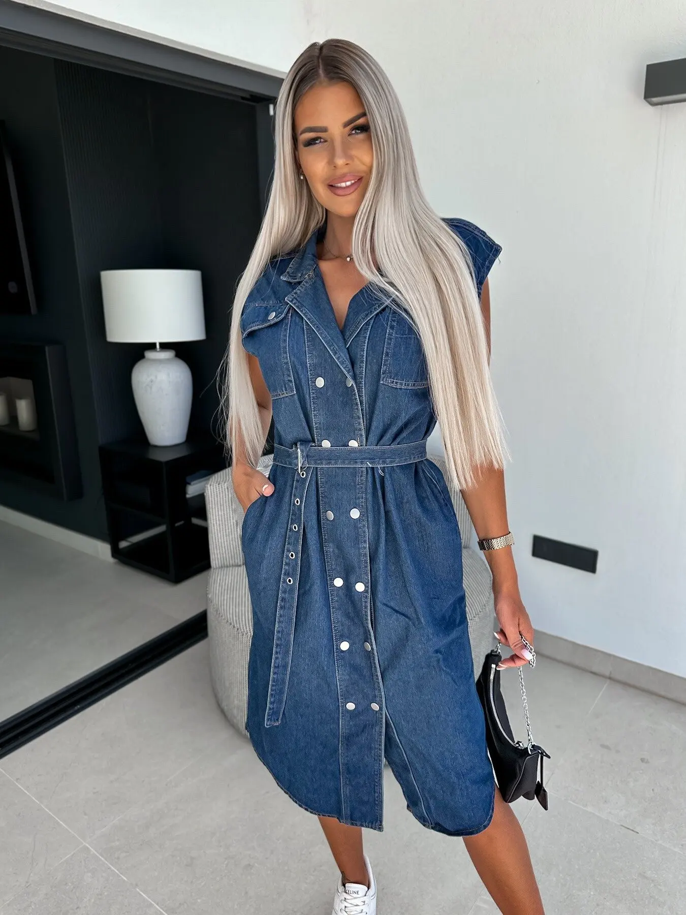 Women's Spring New Fashion Denim Dress Casual Lapel Sleeveless Nail Buckle Open Chest Collect Waist  Lace-up Denim Dress Vestido