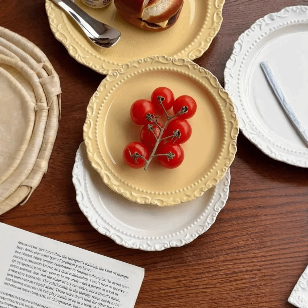 Embossed Design French Relief Plate Round Shape White/Yellow Color Ceramic Dessert Plate Floral Edge Underglazed Colour