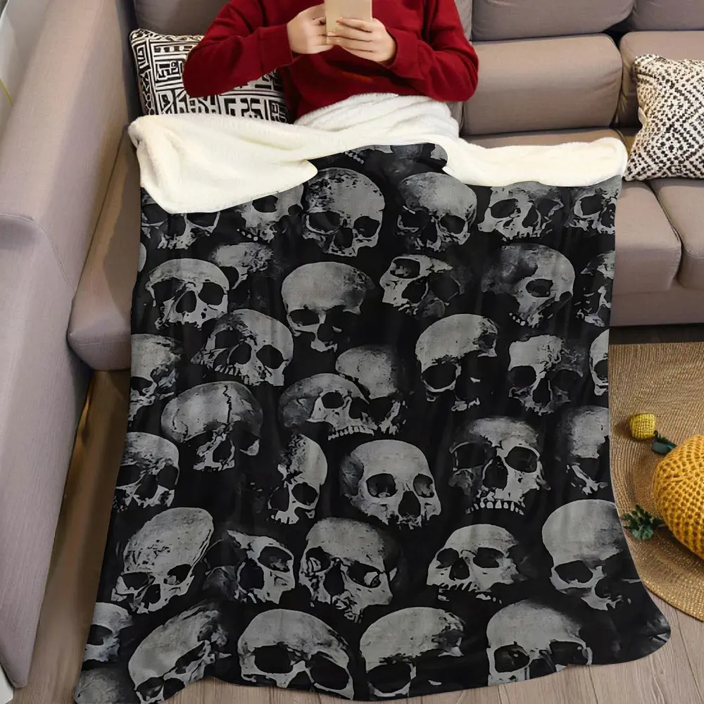 Vintage Monochrome Skull Allover Flannel Blanket Warm Soft Halloween Christmas Decorative Couch Warm Cozy All-Season Gift