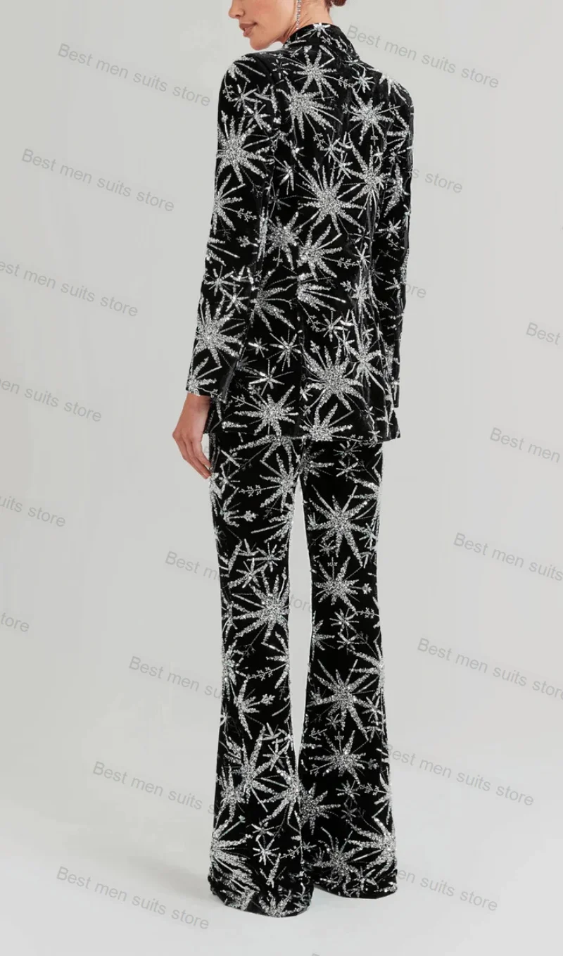 Shiny Sequins Black Women Suit Pants Set 2 Piece Blazer+Trousers Formal Office Lady Jacket Luxury Guest Wedding Prom Coat