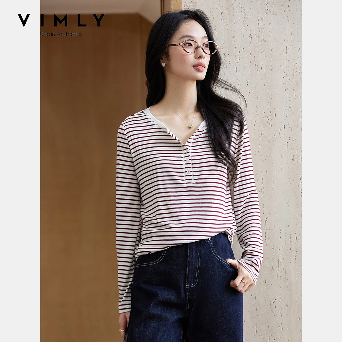 

VIMLY Striped Long Sleeve Knitted T-shirts Woman 2025 Autumn Casual Crew Neck Crop Slim Fit Female Tees Woman Ladies Tops A1979