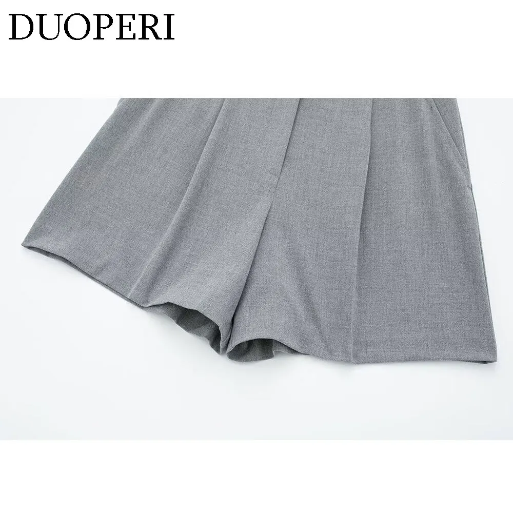 DUOPERI Women Fashion Grey 2 Pieces Sets Vest and High Waist Shorts Female Chic Lady Waistcoat and Shorts Coordinates