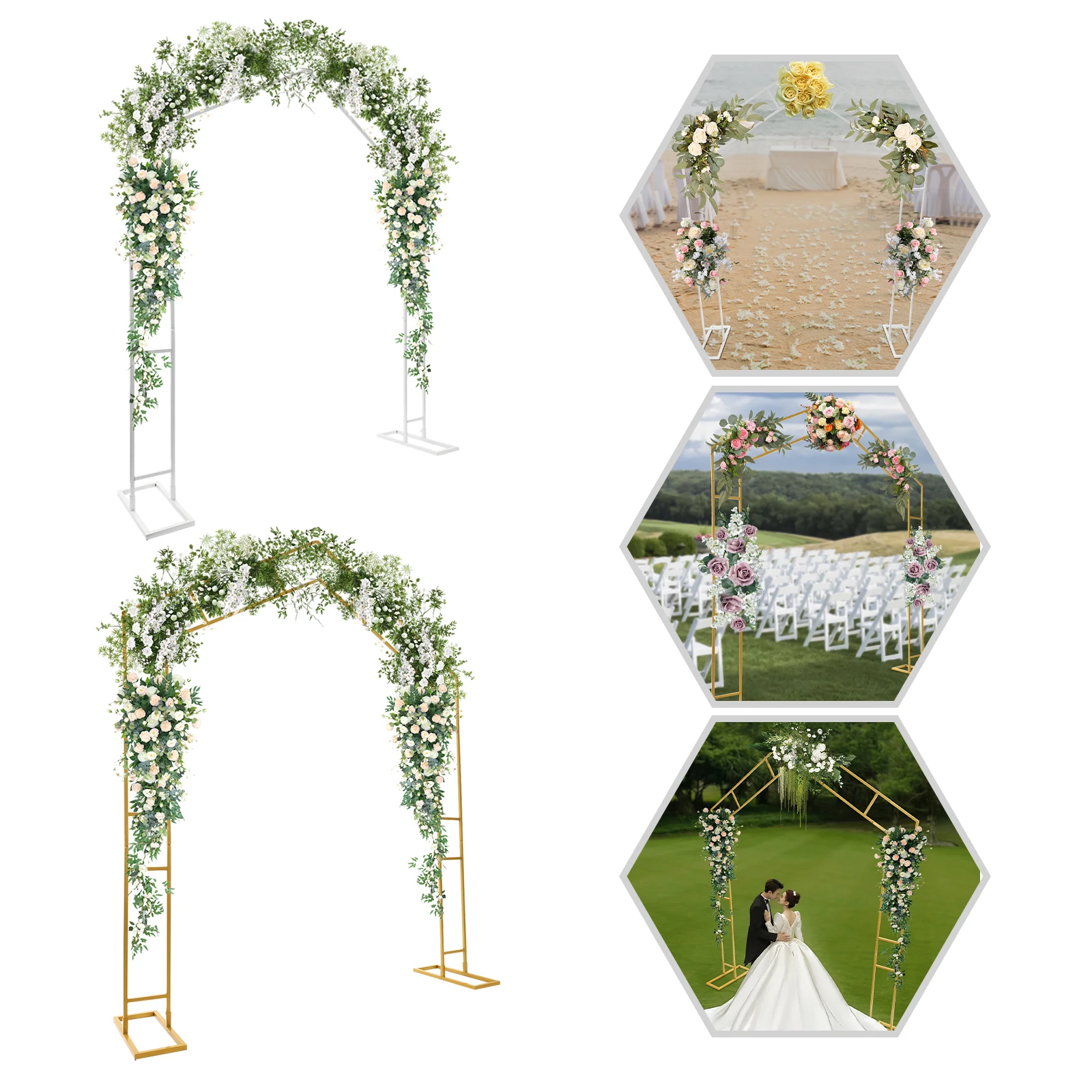 2x2.4m Wedding Arch, Carbon Steel Arch Stand, White & Gold Large Floor Standing Backdrop for Wedding, Party, Celebration