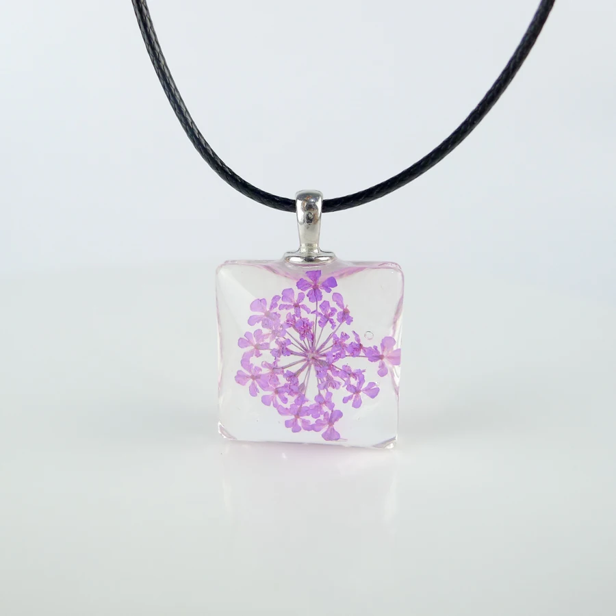 Colorful Dried Flower square glass pendants Hand Made Long necklace for women lovers #FY401