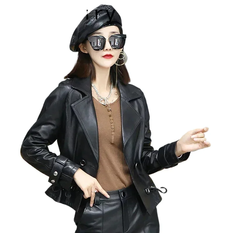 

Женские куртки из натуральной овчины, весна-осень 2024, элегантное короткое женское пальто, мотоциклетная женская одежда Cuero Genuino Zjt2591