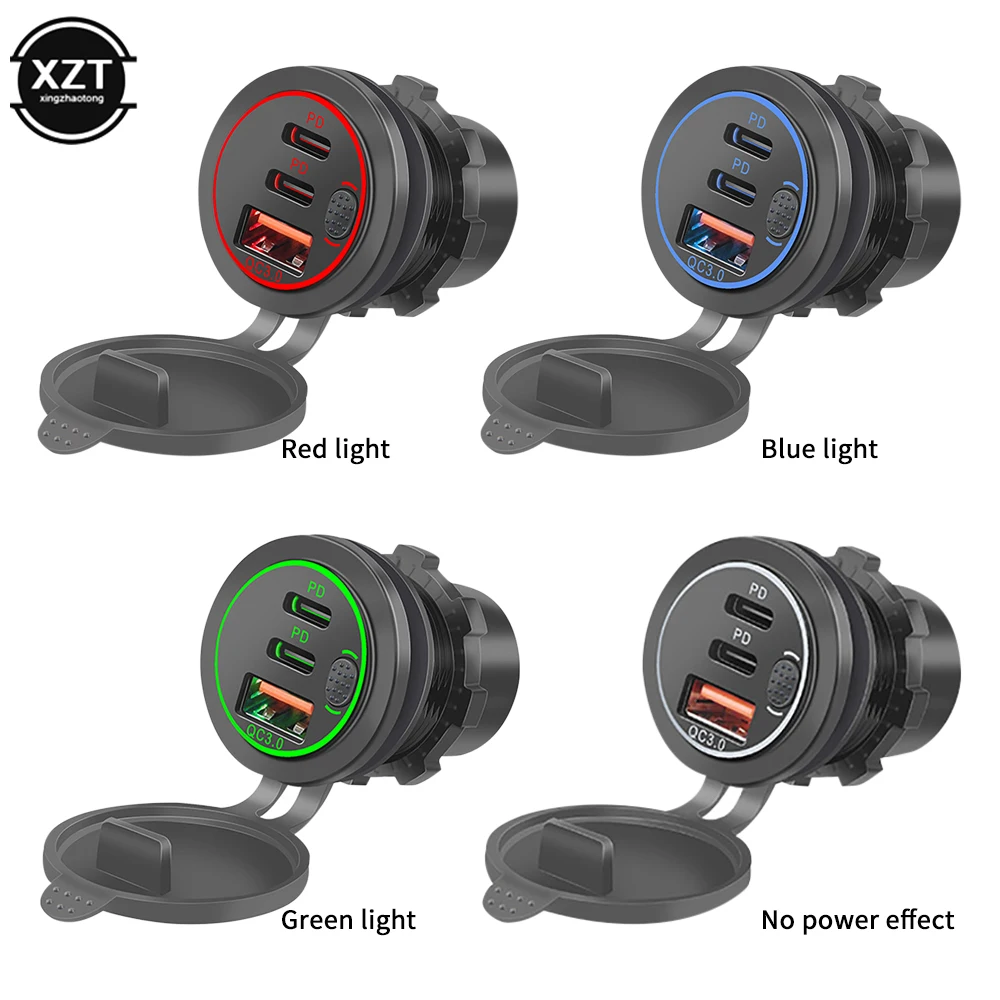 

12V/24V USB Car Charger Socket USB Outlet QC3.0+ dual PD flash charge switch Ports with Power Switch Fast Car Adapter