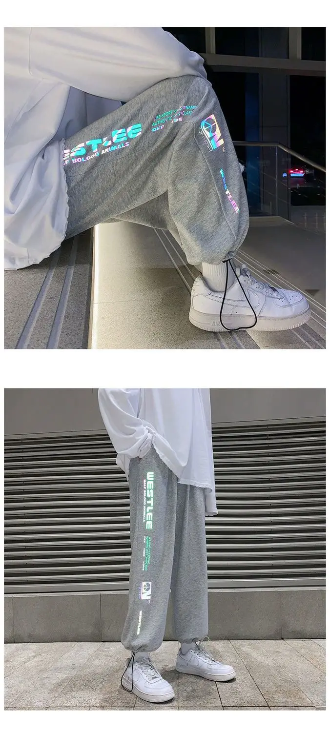Homens reflexivos letras sweatpants estilo coreano solto ajuste corredores calças de perna reta casual streetwear calças moda ao ar livre