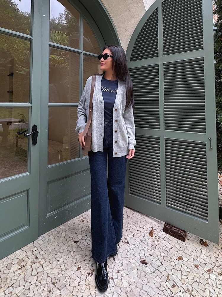 

Джинсы женские Waed Denim расклешенные, широкие, комфортные, темно-синие, мягкие, моделирующие фигуру, хорошо сидят, повседневные, осенний сезон