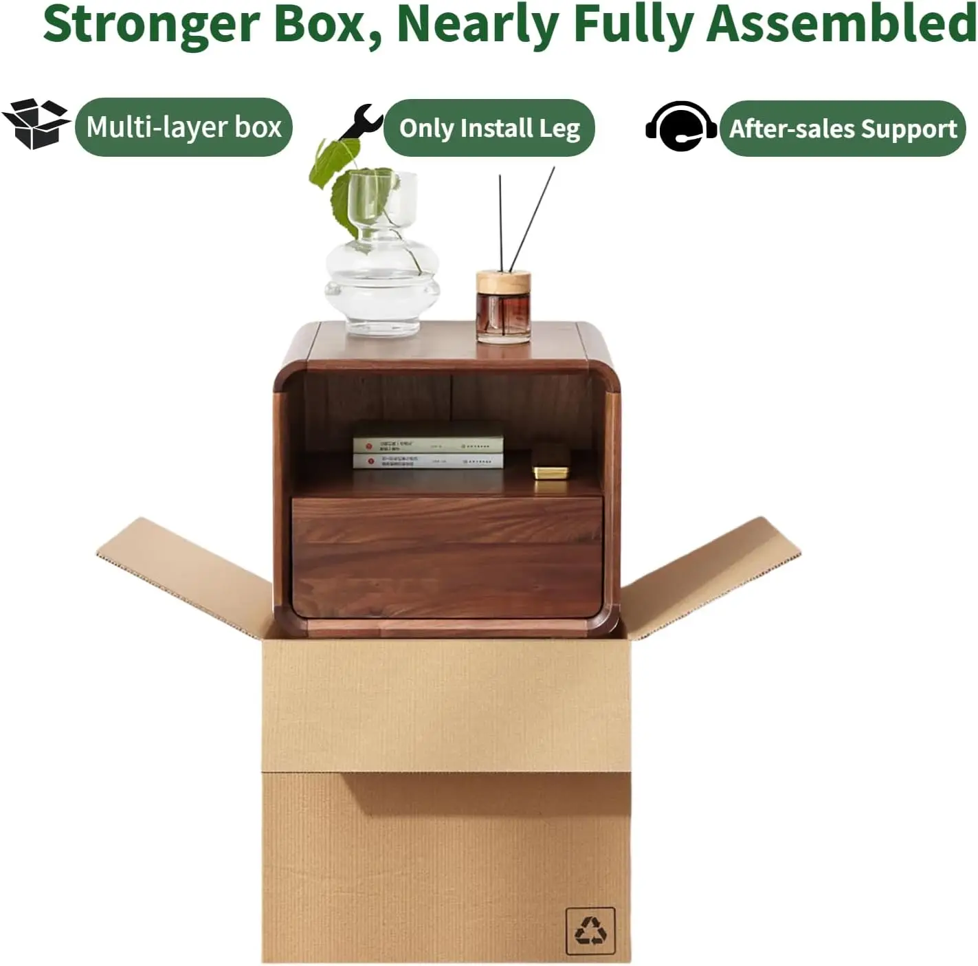 Mesita de noche 100% de madera maciza, mesita de noche de nogal con cajón y estante abierto, mesita de noche de mediados de siglo, mesitas de noche de madera