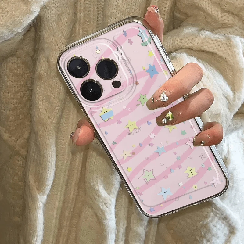 New Ins Graffiti Pink Stars Phone Case For iPhone 16 15 14 13 12 11 Pro Max XR X XS 14 15 7 8 Plus Y2K Soft Anti Fall Cover